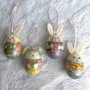 Set of 4 Vintage Paper Mache Eggs Easter Bunny Rabbit Ornament Decoration Taiwan